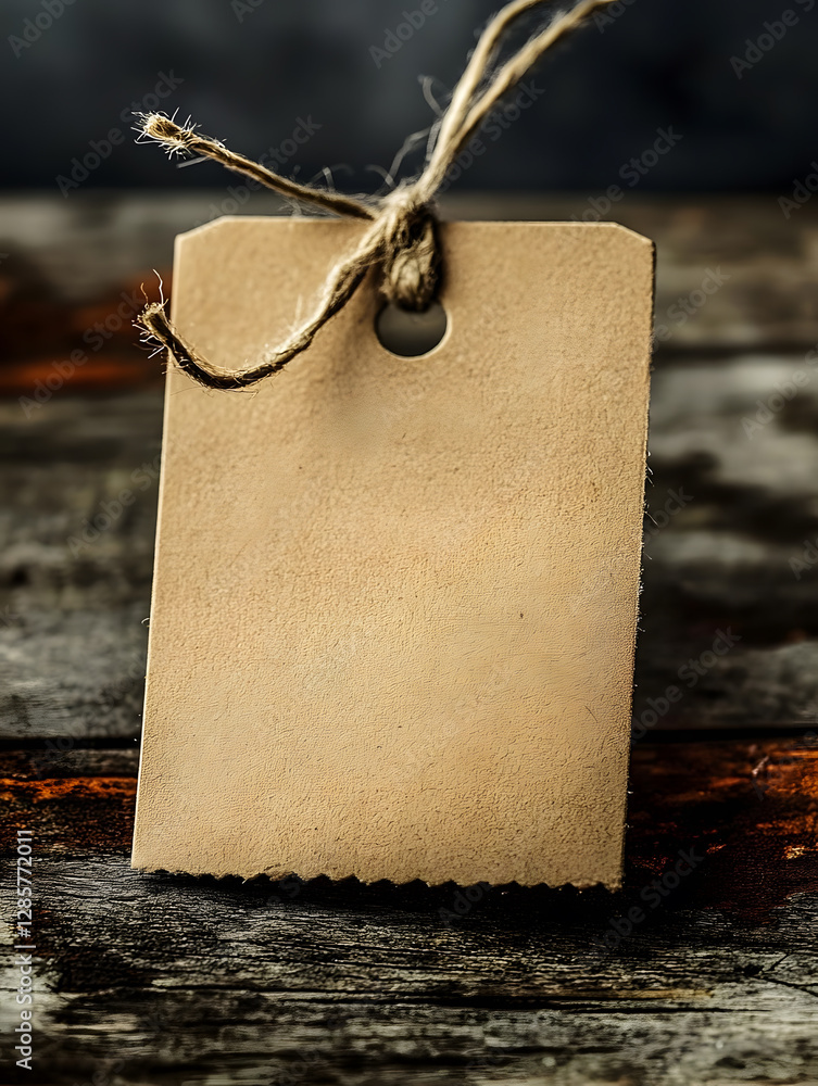 Aufkleber Rustic Brown Paper Tag with String on Wooden Surface Vintage Style : Generative AI