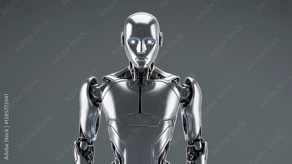 Poster metallic robot gradually turning, revealing intricate design and chrome like surface against neutral