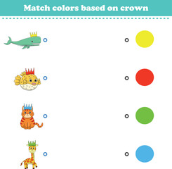 Match the color of the animal's crown. Educational game for color recognition