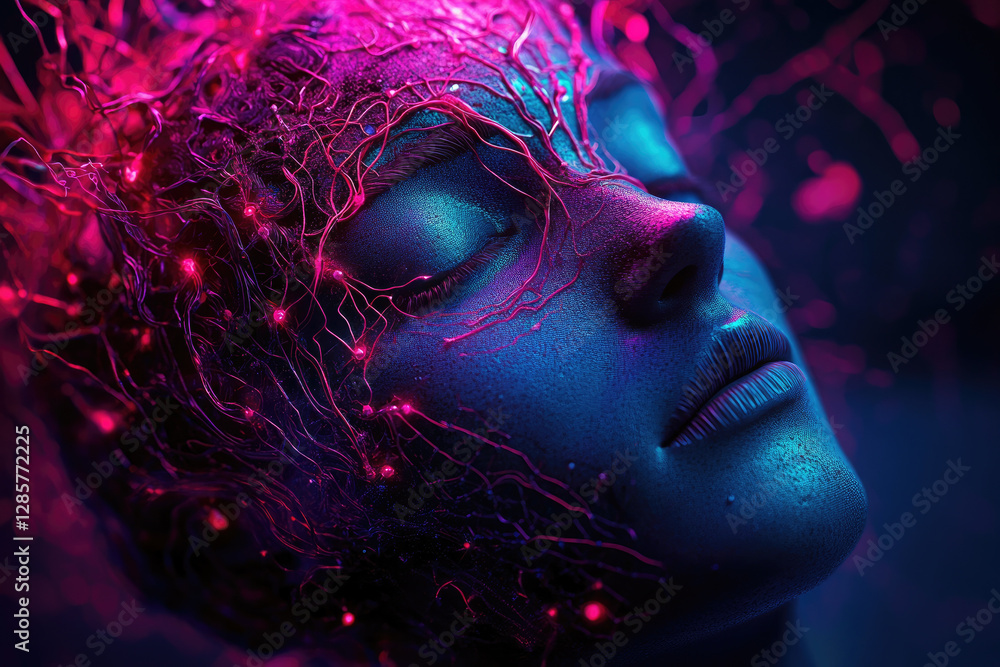Poster exploring surrealism a head encased in geometric cyber grid neural circuits and innovative brain des