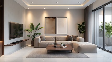 modern living room with fireplace. Cozy Modern Living Room with Sunlight and Minimalist Decor 3d render interior, 3d render interior design.