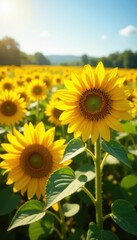 Fototapeta premium A vast expanse of sunflowers, bathed in sunlight, a summer idyll , sunlight, flora, stock