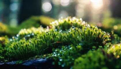 A detailed close-up of vibrant green moss with tiny dewdrops glistening in soft sunlight, highlighting the delicate textures and fresh, natural beauty of the forest floor