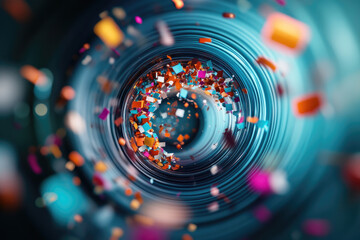 Dynamic torn marketing materials whirling through a futuristic digital vortex vivid colors and motion blur effects enigmatic digital environment conceptual art representation