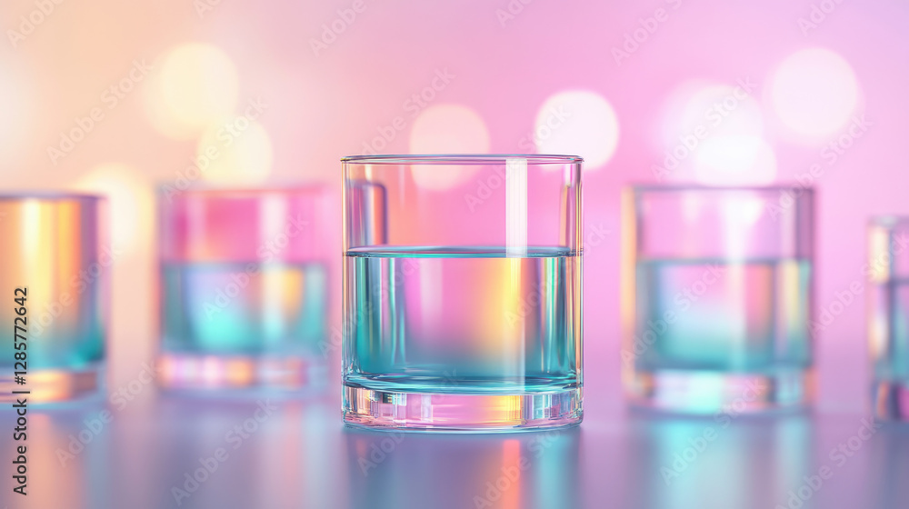 Poster exploring colorful reflections in transparent lab glassware experimental biotechnology discoveries i