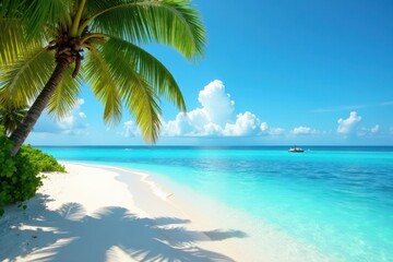 Azure water laps white sand, lush palms sway gently , sand beach, peaceful
