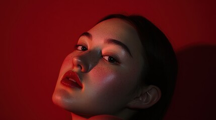 "Hyper-detailed beauty shot of a young woman with golden skin,