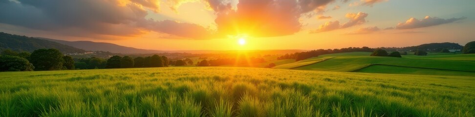 Blazing sunrise casts long shadows across lush green farmland, colorful, summer, field