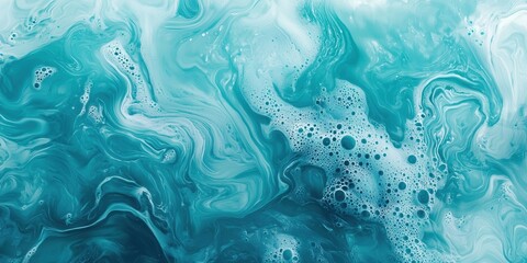 Naklejka premium Abstract background with swirling patterns of blue and teal paint, resembling the surface of the ocean with bubbles rising