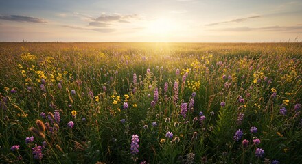 Naklejka premium A vibrant wildflower meadow bathed in warm golden sunlight stretches endlessly to the horizon, creating a peaceful and dreamy summer landscape under a soft, glowing sky.