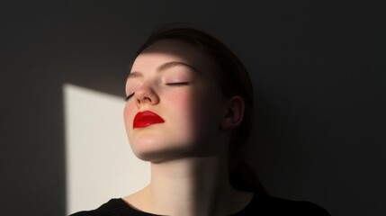 "A woman in a moody portrait with bold red lipstick, soft rim lighting,