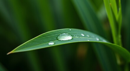 A fresh green leaf with crystal-clear water droplets, highlighting nature’s purity and tranquility. The macro shot captures intricate details with a soft, blurred background for a soothing effect.