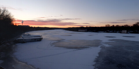 Winter fishing on the lake, beautiful panorama.