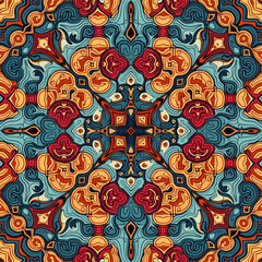 a symmetrical design with a repeating pattern of red, orange, and blue shapes, creating a visually striking and intricate design.