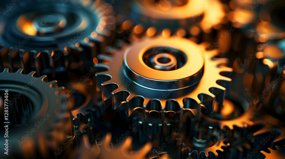 Poster close-up view of interlocking metallic gears showcasing intricate details and reflections