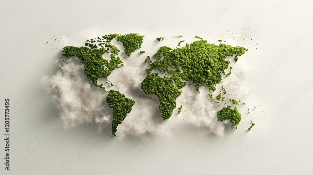Poster stylized world map infographic depicting forest coverage levels using green gradient overlays to hig