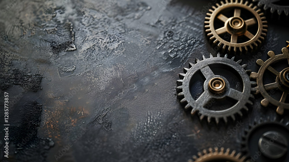 Aufkleber close-up of intricate metallic gears on a textured surface, showcasing mechanical design elements