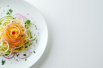 Spiralized vegetable salad with cucumbers, carrots, and onions on white plate