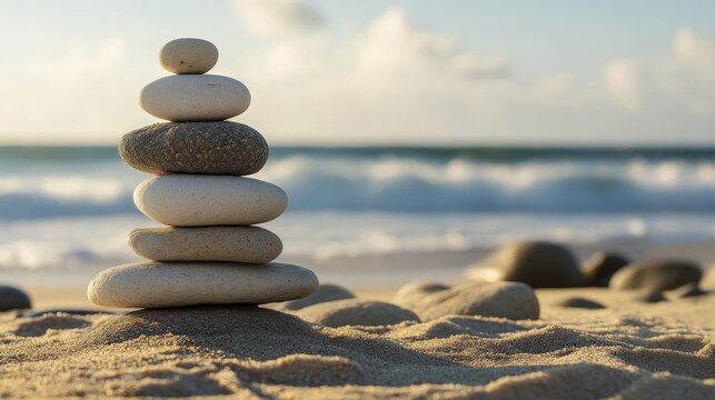 Stacked stones on sandy beach at sunset with gentle ocean waves in background
