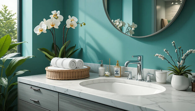 stylish modern bathroom concept a teal or turquoise wall color concepto de cuarto de ba&ntilde;o moderno y elegante un color de pared verde azulado o turquesa banyo