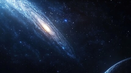 Naklejka premium Spectacular spiral galaxy with radiant light and distant planet