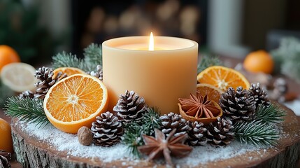 Winter holiday centerpiece candle, pine cones, bark, fir, mistletoe, anise, and dried citrus.