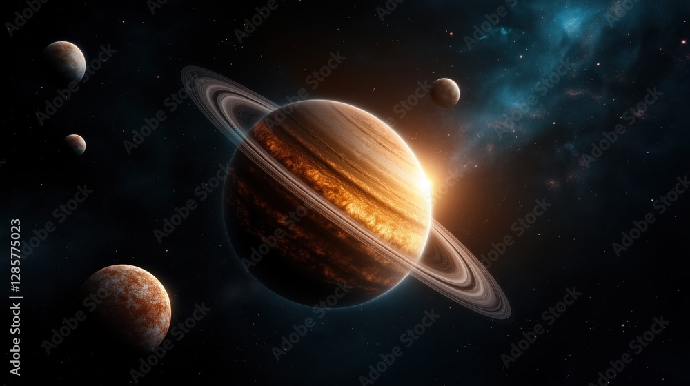 Poster vibrant interstellar field with celestial objects and planetary systems showcasing the beauty of the