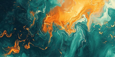 Fototapeta premium Abstract teal and orange background with swirling liquid paint, gold accents
