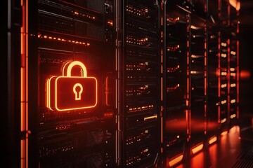 Cybersecurity data protection concept with glowing lock on server racks