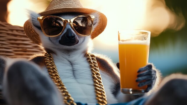 Monkey wearing sunglasses and a gold chain is holding a glass of orange juice. The scene is playful and lighthearted, with the monkey looking relaxed and enjoying his drink