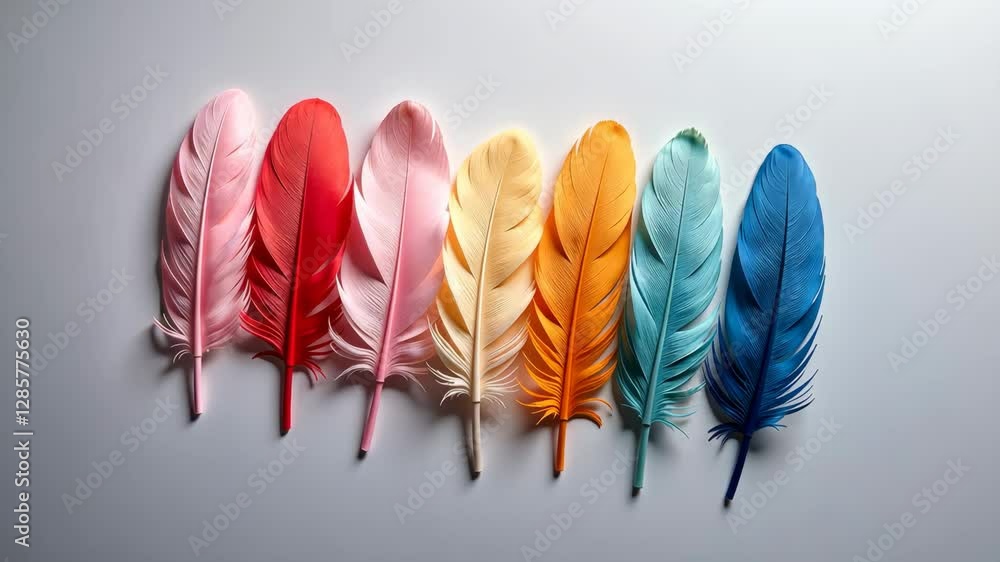 Poster a row of colorful feathers, including red, yellow, and blue. the feathers are arranged in a line