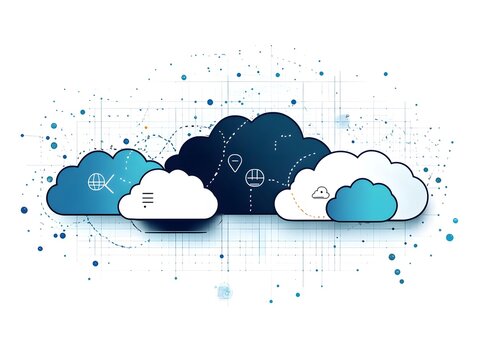 Abstract digital illustration of clouds with technology icons and data connections in the background