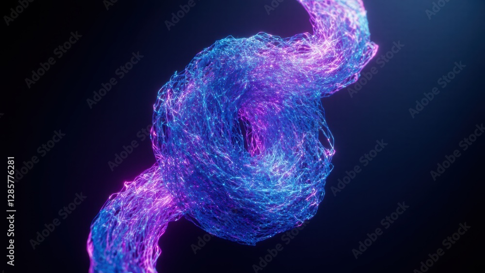 Poster conceptual visualization of an abstract intertwining structure illuminated by vibrant light against 