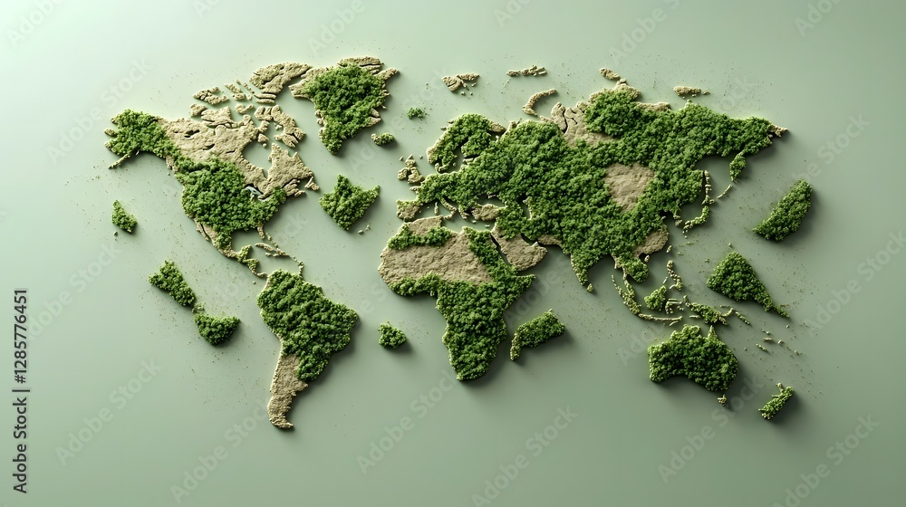 Poster elevated 3d style world map showcasing forest dense regions accompanied by informative statistics an