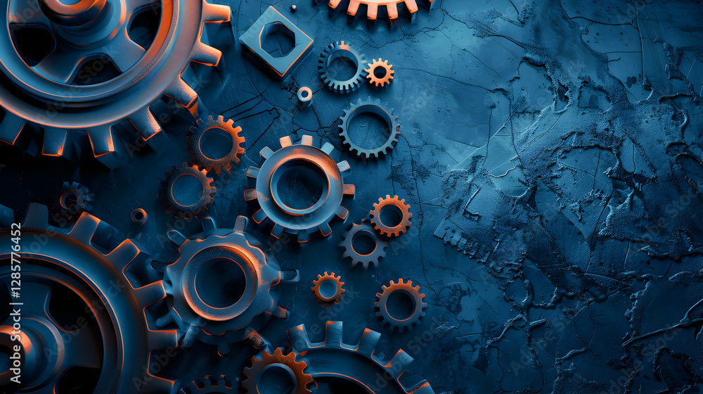 Poster close-up view of interlocking gears on a textured blue background, showcasing mechanical detail