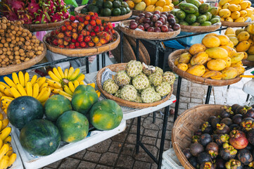 assortment of tropical fruits at the Asian market in Asia in Vietnam