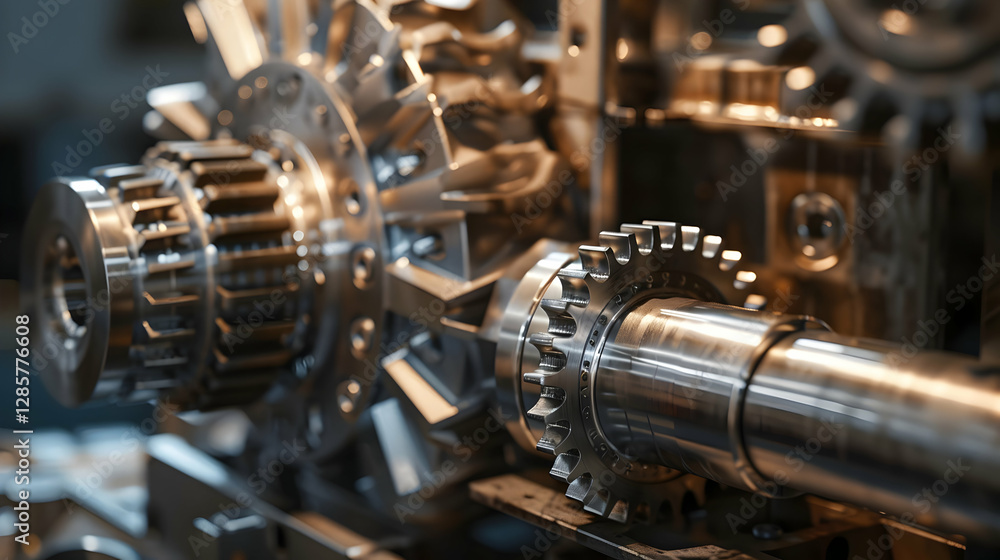 Poster close-up view of intricate mechanical gears in a workshop, showcasing precision engineering and craf