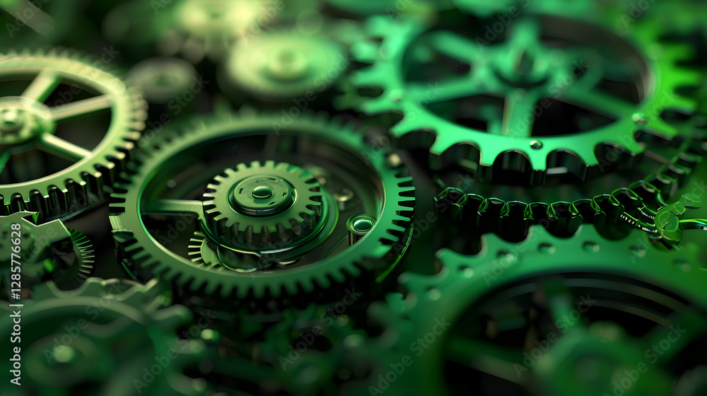 Poster close-up view of intricate green gears interlocking in a mechanical setting, showcasing engineering 