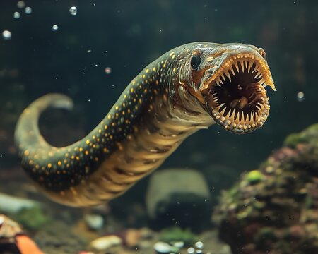 realistic photo a lamprey  fish with its slimy, smooth skin,  circular jawless mouth and sharp, its elongated, concentric teeth clearly visible, swimming deep water . Jawless mouth deepwater fish. 