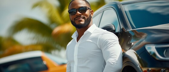 Naklejka premium Man in a white shirt stands next to a black car. He is smiling and wearing sunglasses