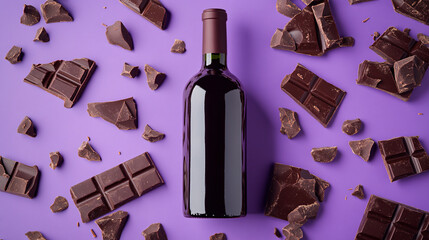 Elegant flat lay of red wine bottle and chocolate pieces on purple backdrop