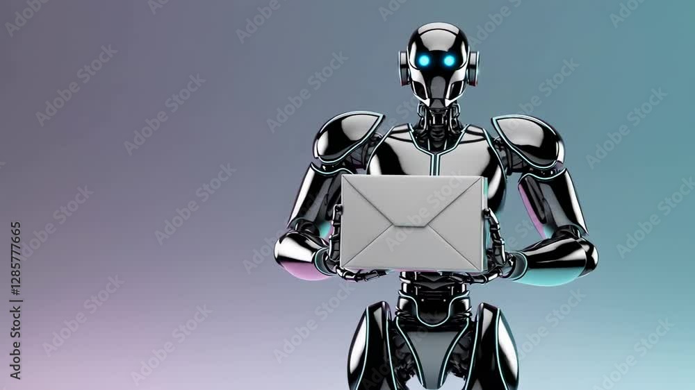Poster Futuristic robot presenting a closed envelope, suggesting automated message delivery, advanced technology, and artificial intelligence in communication, in slow motion