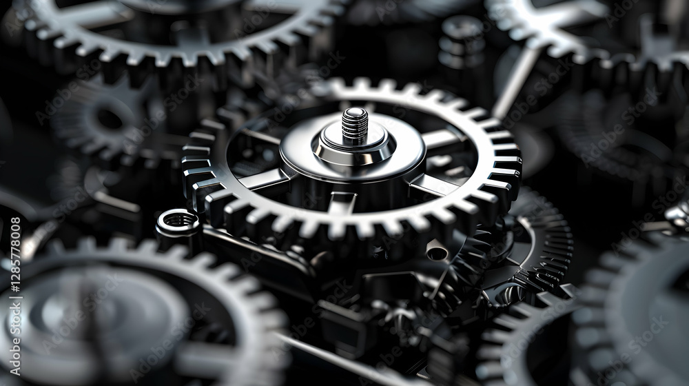 Poster close-up view of intricate metallic gears interlocking in a mechanical assembly, showcasing precisio