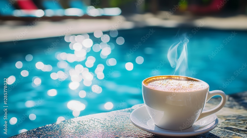 Poster cup of coffee is sitting on a table next to a pool. the steam from the coffee is rising into the air