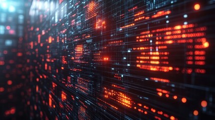 Digital data wall, glowing red, server room