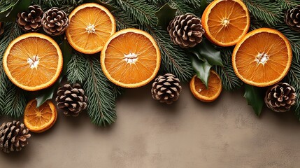 Winter spices and spruce branches with dried oranges and pine cones on beige.