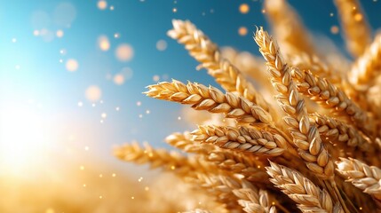 Sun-drenched wheat field swaying gracefully under a bright blue summer sky with golden stalks reaching towards the horizon
