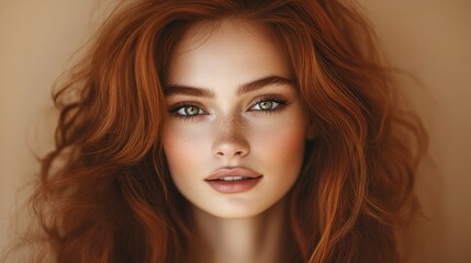 Woman with red hair and green eyes is smiling. She has a lot of hair and is wearing makeup