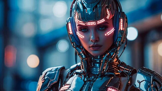 Cyborg girl with digital brain on a futuristic techno background. Artificial intelligence concept. Generative AI