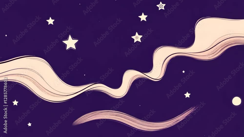 Poster A purple background with stars and a long, wavy line. The line is white and is in the middle of the image